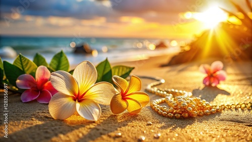 Gold Flower Necklace on Tropical Beach Sand with Hibiscus and Plumeria