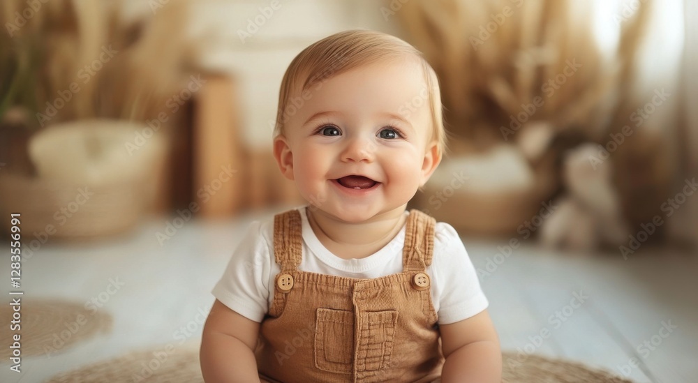 A joyful baby with a charming smile sits on a soft surface, surrounded by natural decor, embodying warmth and innocence. A joyful baby with a charming smile sits on a soft surface, surrounded by natural decor, embodying warmth and innocence.