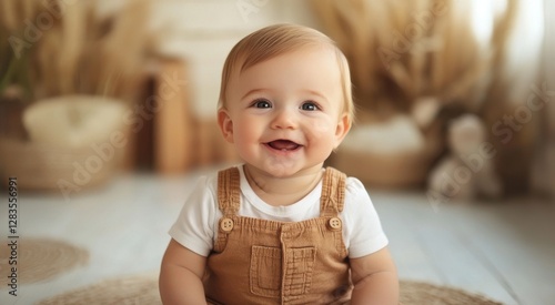 A joyful baby with a charming smile sits on a soft surface, surrounded by natural decor, embodying warmth and innocence.