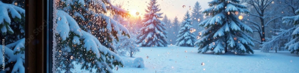Frosted Window with Snow Scene, holiday decoration, snowflakes, window view Frosted Window with Snow Scene, holiday decoration, snowflakes, window view