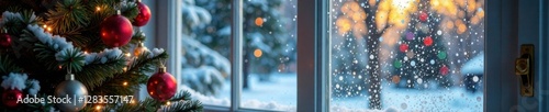 Frosted windowpane with Christmas decorations, holiday, glass, decoration