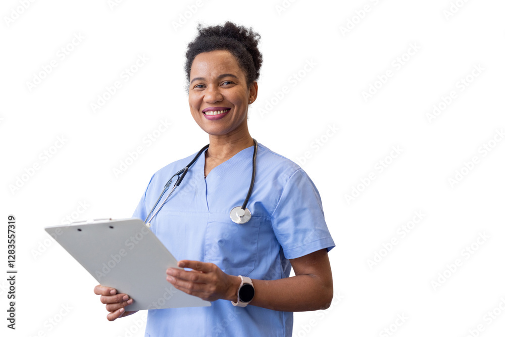Strong African American nurse with a focused expression Strong African American nurse with a focused expression