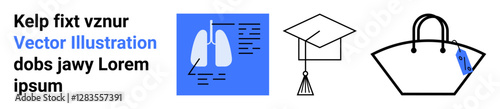 Lungs diagram on medical chart in blue, graduation cap, and handbag outlined. Ideal for healthcare, education, lifestyle, learning, fashion career and wellness concepts. Flat landing page banner