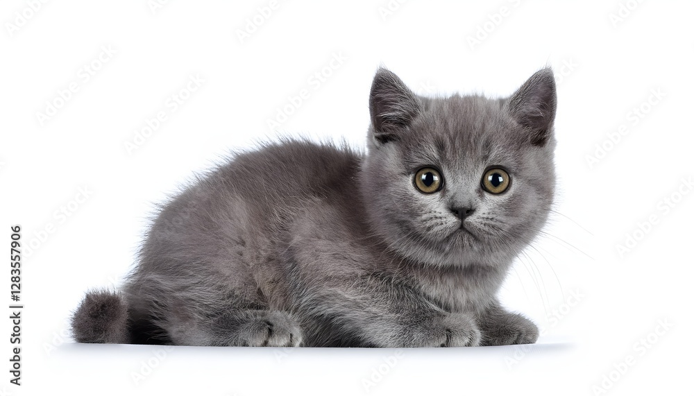 Obraz premium A charming British kitten stares with captivating eyes against a clean white background. This image captures the innocence and curiosity of a young feline, perfect for cat lovers