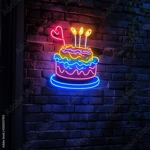 Neon Sign Happy Birthday on Brick Wall - Celebratory Cake Lighting Display
