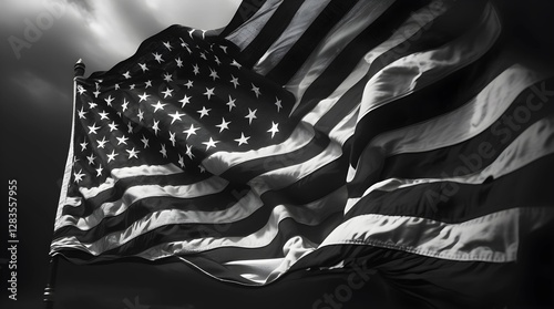 Monochrome American Flag Waving Against a Dark Background. USA Flag in Black and White