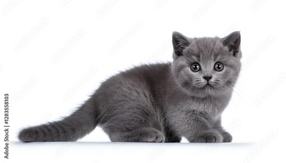 Fototapeta premium A charming British kitten stares with captivating eyes against a clean white background. This image captures the innocence and curiosity of a young feline, perfect for cat lovers