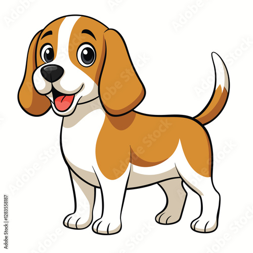 Adobe Illustra Happy cartoon dog character sitting with joy on a blue background showcasing playful design elementstor Artwork.