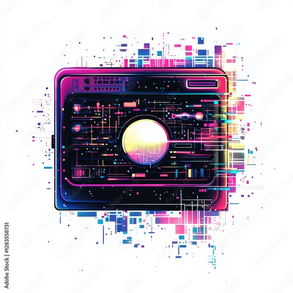 Obraz premium Digital Camera: A stylized illustration of a digital camera, with a futuristic design, vibrant colors, and an abstract, pixelated aesthetic, representing technology and digital photography.