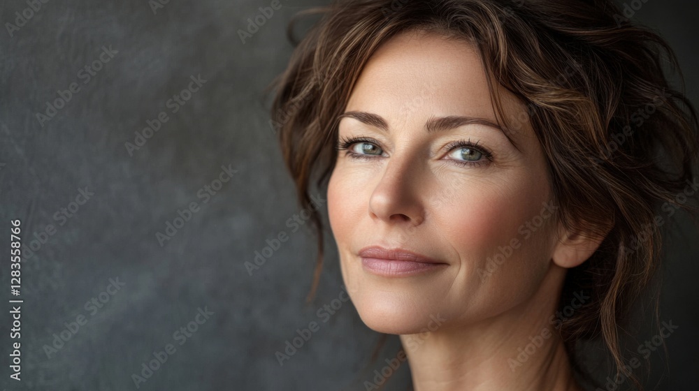 A serene portrait of a woman with soft features and natural makeup, showcasing her confident expression against a muted background. A serene portrait of a woman with soft features and natural makeup, showcasing her confident expression against a muted background.