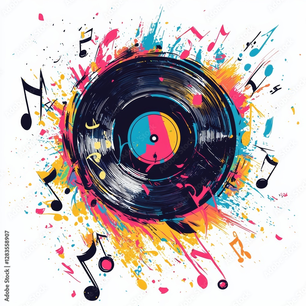 Obraz premium Vinyl Rhapsody: An explosion of music notes and vibrant colors surrounds a classic vinyl record, creating a dynamic and artistic representation of sound and melody.