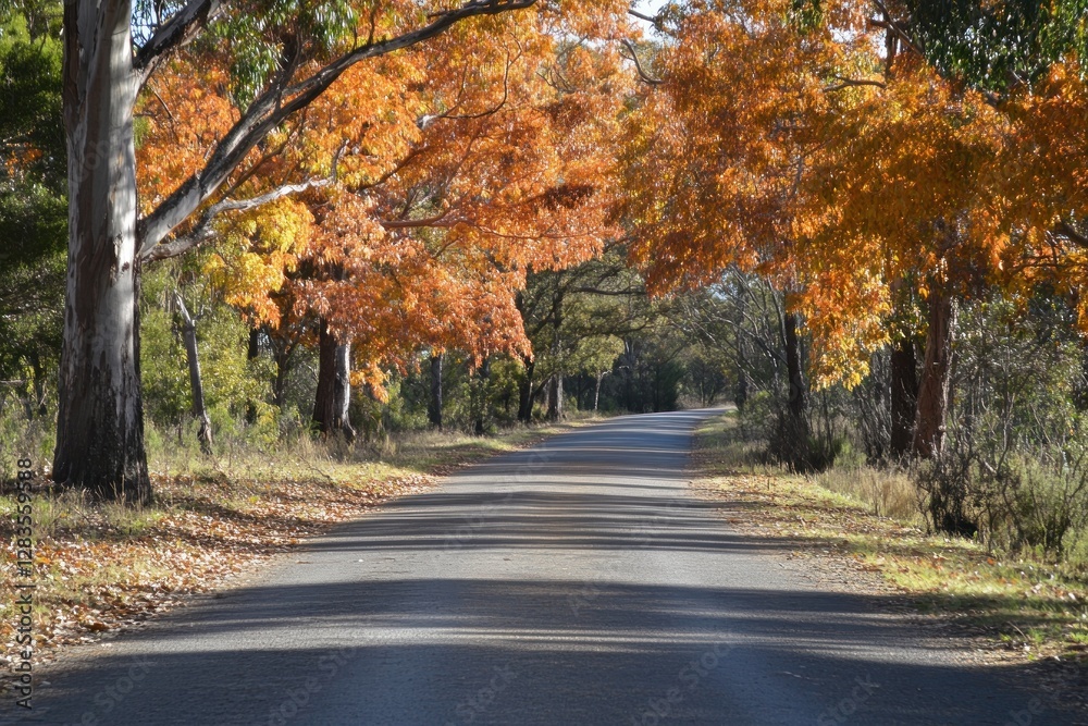 Autumnal road lined with colorful trees. Autumnal road lined with colorful trees.