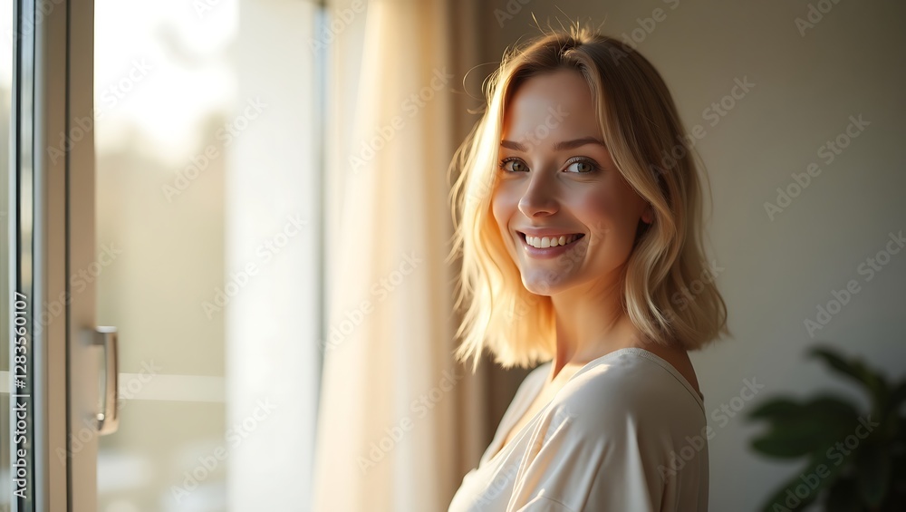 Young Woman Opening Light Curtains at Home in Soft Natural Light | Generative AI Young Woman Opening Light Curtains at Home in Soft Natural Light | Generative AI