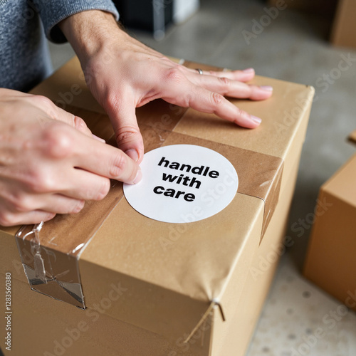 Mover placing 'handle with care' sticker on fragile package, care in shipping