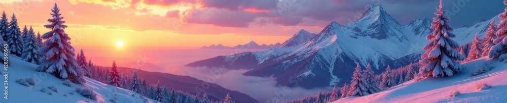 Obraz premium Frosty mountain landscape at sunset with snow-covered trees and mountains, mountain, sun, snowy