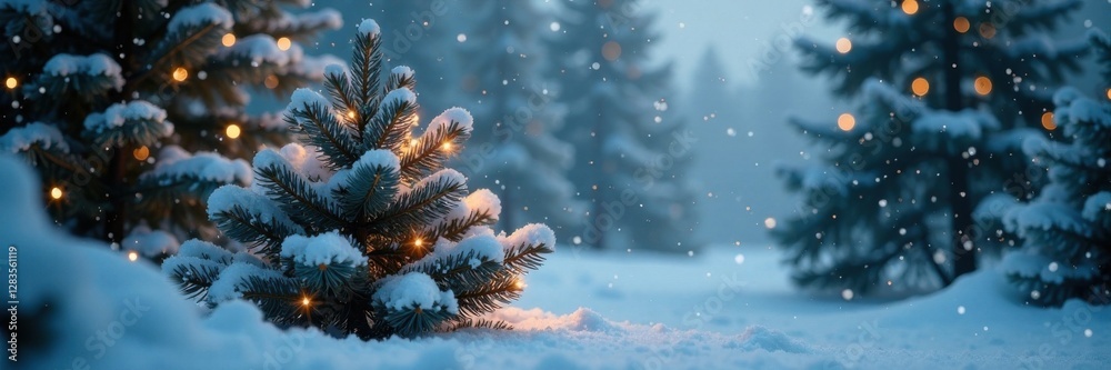 Frosty spruce tree with snow-covered branches and twinkling lights , lights, winter, branches Frosty spruce tree with snow-covered branches and twinkling lights , lights, winter, branches