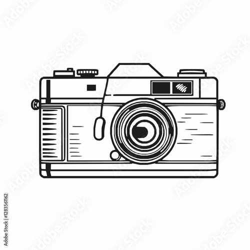 Vintage Camera Outline Icon, Retro Photography Vector, Editable Stroke, Minimalist Black Illustration,