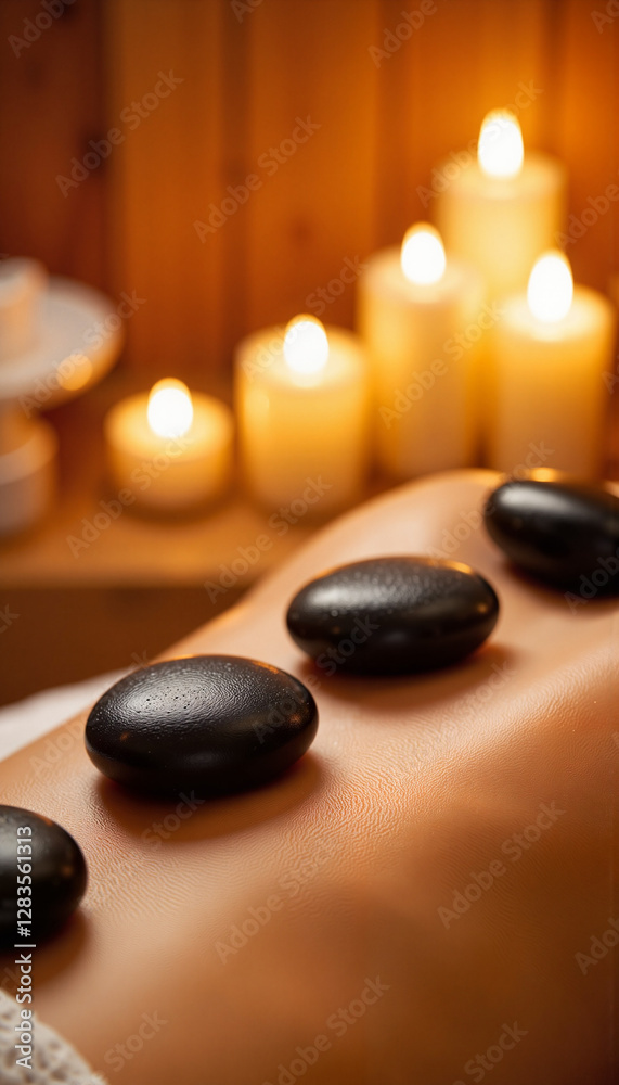 Relaxing hot stone massage session in candle-lit room, wellness therapy Relaxing hot stone massage session in candle-lit room, wellness therapy