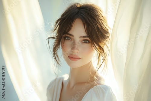 An elegant Caucasian woman with flawless skin, natural beauty emphasized by soft backlighting, minimalistic white outfit, and a serene expression exudes a sense of grace and sophistication. Free Download An elegant Caucasian woman with flawless skin, natural beauty emphasized by soft backlighting, minimalistic white outfit, and a serene expression exudes a sense of grace and sophistication. - GFXLoad