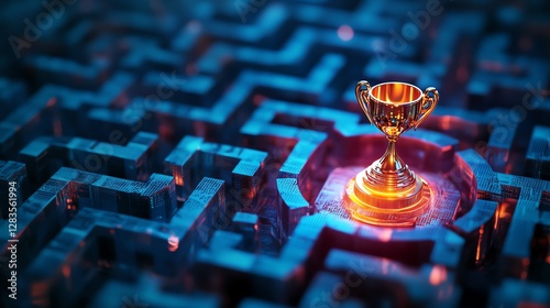 Golden Trophy Placed at the Center of a Complex Maze, Symbolizing Achievement and Success in Overcoming Challenges