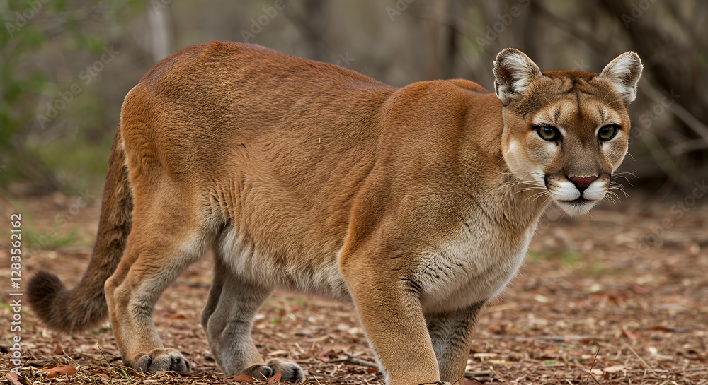 Cougar Standing Alert in Natural Habitat with Curious Expression Cougar Standing Alert in Natural Habitat with Curious Expression