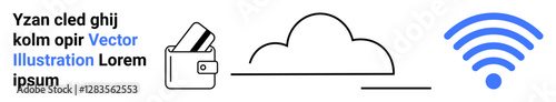 Credit cards in a wallet beside a cloud icon and wireless signal. Ideal for online transactions, cloud storage, internet services, wireless connectivity, digital payments, financial technology, data