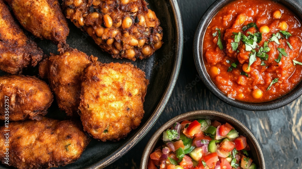 Fototapeta premium A Dish of Fried Akara, Nigerian Black-Eyed Pea Fritters, Golden Brown and Crispy, Served with a Spicy Tomato Dipping Sauce