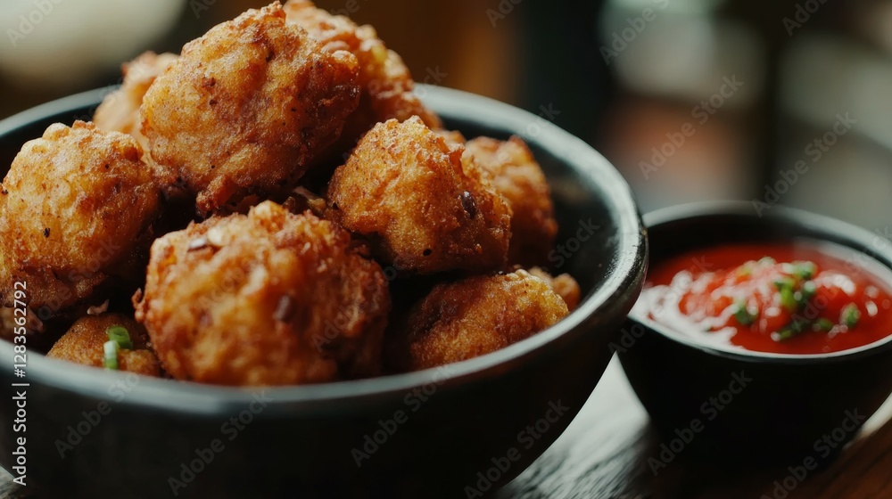 A Dish of Fried Akara, Nigerian Black-Eyed Pea Fritters, Golden Brown and Crispy, Served with a Spicy Tomato Dipping Sauce A Dish of Fried Akara, Nigerian Black-Eyed Pea Fritters, Golden Brown and Crispy, Served with a Spicy Tomato Dipping Sauce