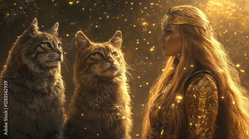 Freyja Wearing Golden Armor, Her Long Hair Flowing, Standing Beside Two Large Cats, Soft Golden Celestial Light