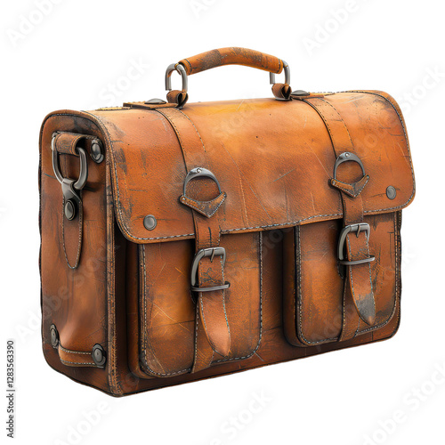 old brown suitcase isolated on transparent background, PNG