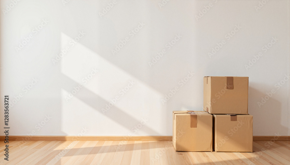 Bright open space with moving boxes, minimalist organization Bright open space with moving boxes, minimalist organization