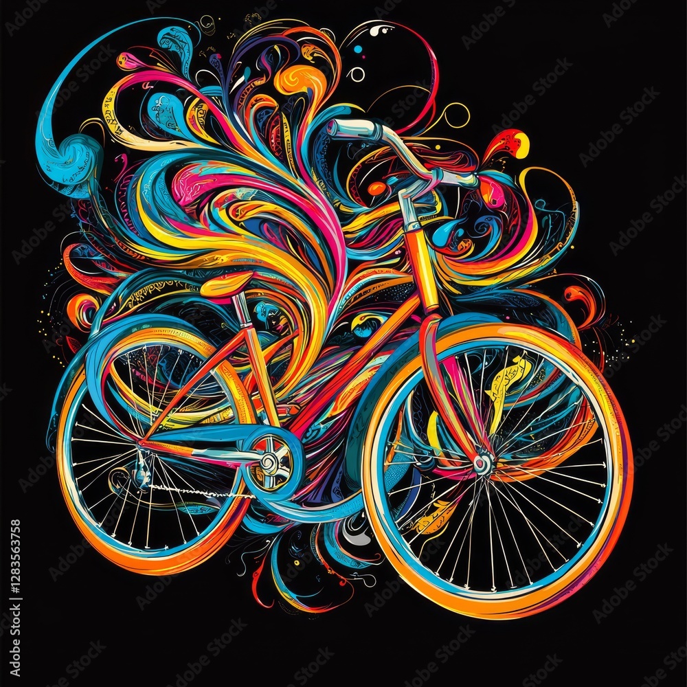 Fototapeta premium Colorful Bicycle Artwork: A vibrant illustration of a bicycle against a dark backdrop, showcasing an explosion of bright, swirling colors that embody creativity and energy