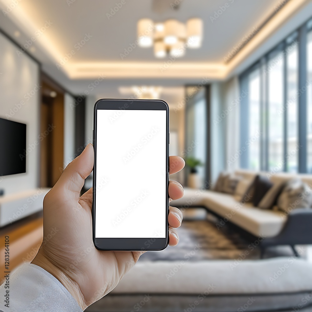 Hand holding smartphone with blank screen on blue background Hand holding smartphone with blank screen on blue background