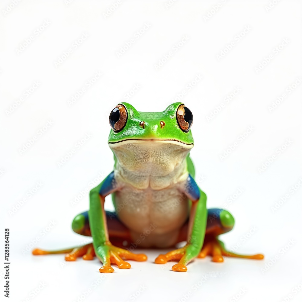 Obraz premium Bright green tree frog with red eyes. Amphibian clip art element on white background in macro photography style. Vivid colors, cute exotic animal from tropical rainforest, wildlife close up.