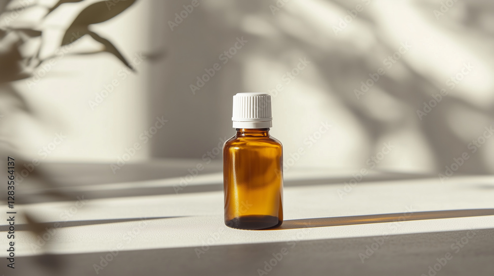 Amber glass bottle with white cap in soft natural lighting Amber glass bottle with white cap in soft natural lighting