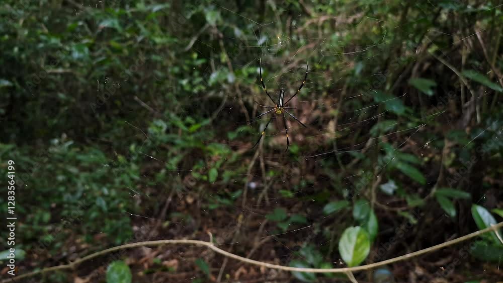 A macro shot of a Golden Orb-Weaving Spider or Joro Spider waiting for prey on its web A macro shot of a Golden Orb-Weaving Spider or Joro Spider waiting for prey on its web