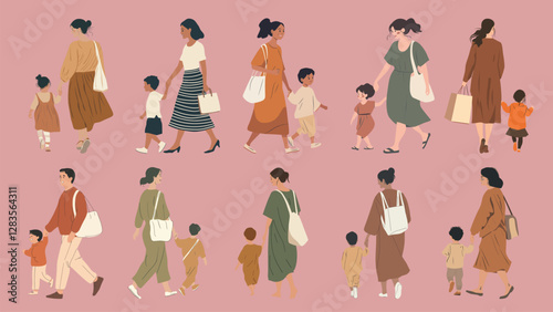 Stylish illustrated family walk, isolated vector set