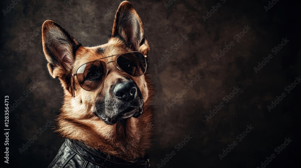 A cool German Shepherd wearing sunglasses poses confidently against a dark background, exuding a stylish and playful demeanor. A cool German Shepherd wearing sunglasses poses confidently against a dark background, exuding a stylish and playful demeanor.