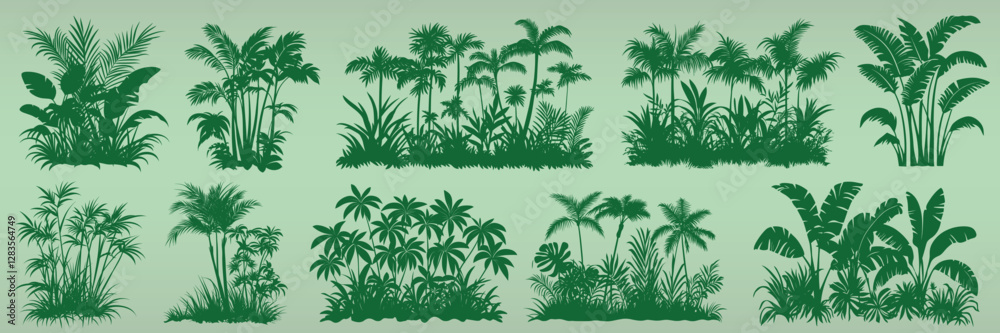 Fototapeta premium Lush tropical plant silhouettes collection isolated illustration, vector set