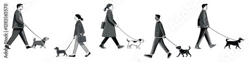 People walking dogs illustration, isolated vector set