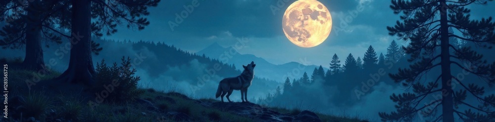 Full moon illuminated forest landscape with a lone wolf standing upright on its hind legs howling loudly at the sky, forest floor, nature, silhouette Full moon illuminated forest landscape with a lone wolf standing upright on its hind legs howling loudly at the sky, forest floor, nature, silhouette