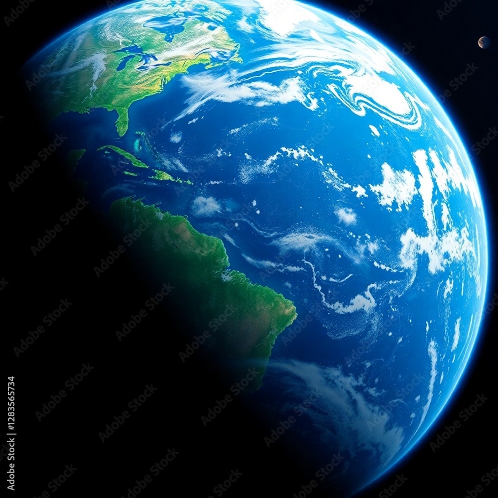 Fototapeta premium High-resolution stock photo Earth from space, continents clearly visible, distant moon partially illuminated, professional commercial quality, realistic lighting, detailed texture