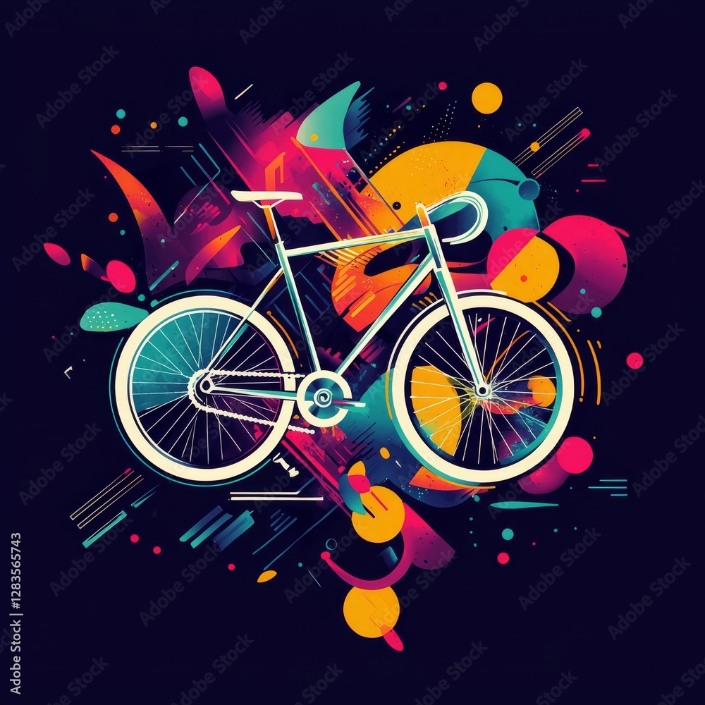 Fototapeta premium Abstract Bike Adventure: A vibrant, artistic representation of a bicycle, bursting with colorful energy and abstract design elements, capturing the thrill of cycling. 