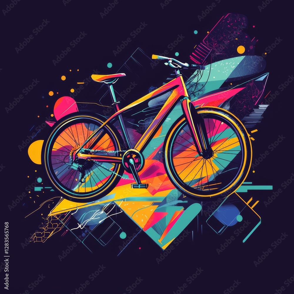 Fototapeta premium Vibrant Bike Adventure: A dynamic illustration captures a bicycle in motion, set against a kaleidoscope of geometric shapes and bright colors, inviting the viewer to experience the joy of the ride.