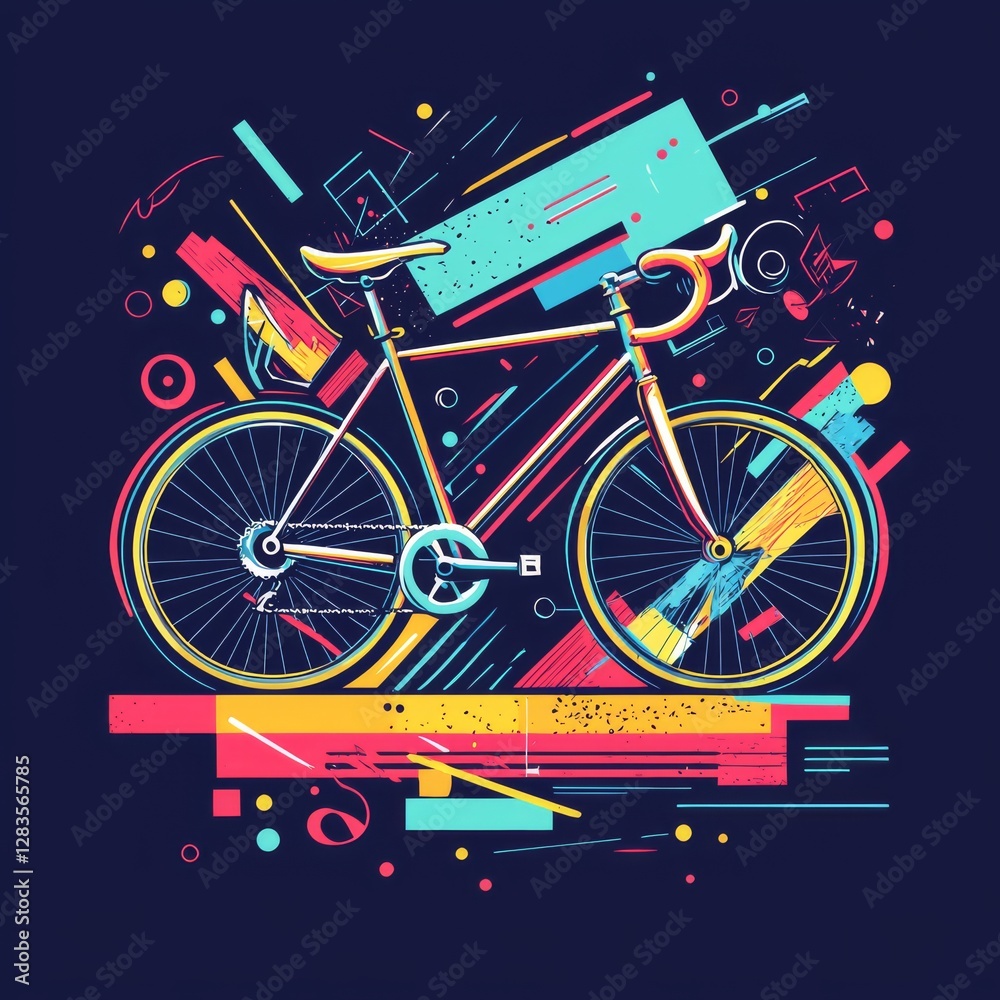 Fototapeta premium Geometric Bicycle Illustration: A dynamic, artistic illustration of a bicycle, rendered with bold geometric shapes and vibrant colors, conveys a sense of motion and energy. 