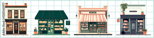 Charming illustrated bookstore facades, isolated vector set