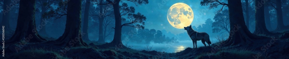 Full moon illuminated forest with a lone wolf howling softly in the distance, nocturnal, wildlife, landscape Full moon illuminated forest with a lone wolf howling softly in the distance, nocturnal, wildlife, landscape