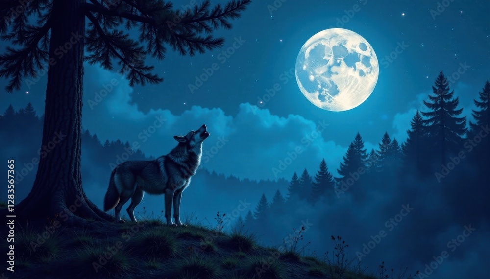 Full moon night forest landscape with a lone wolf howling at the trees, wildlife photography, full moon, forest Full moon night forest landscape with a lone wolf howling at the trees, wildlife photography, full moon, forest