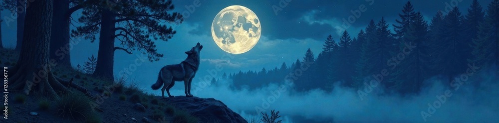 Full moon night forest scene with a lone howling wolf, surrounded by trees and mist, full moon, wilderness, forest Full moon night forest scene with a lone howling wolf, surrounded by trees and mist, full moon, wilderness, forest