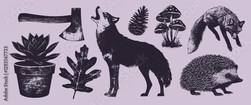Nature-inspired rustic animal illustrations, isolated vector set